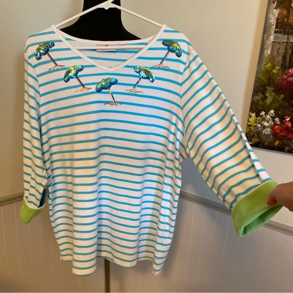 Quaker Factory Sequined Umbrellas Striped Top 1X - Picture 4 of 7